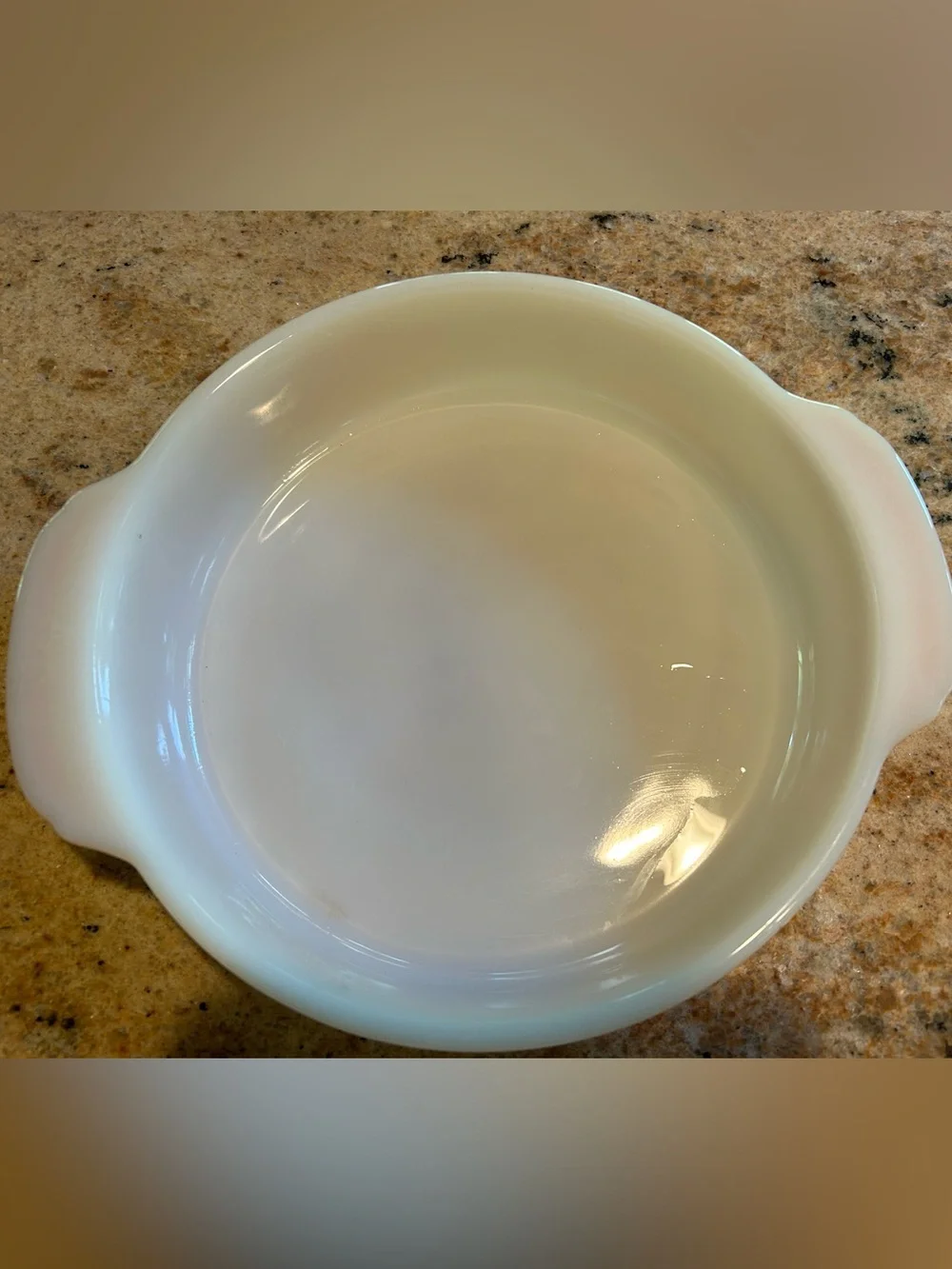 Fire King Peach Lustre Round 1Qt Opalware #447 Baking Dish w/ Handles 8.75” dia.